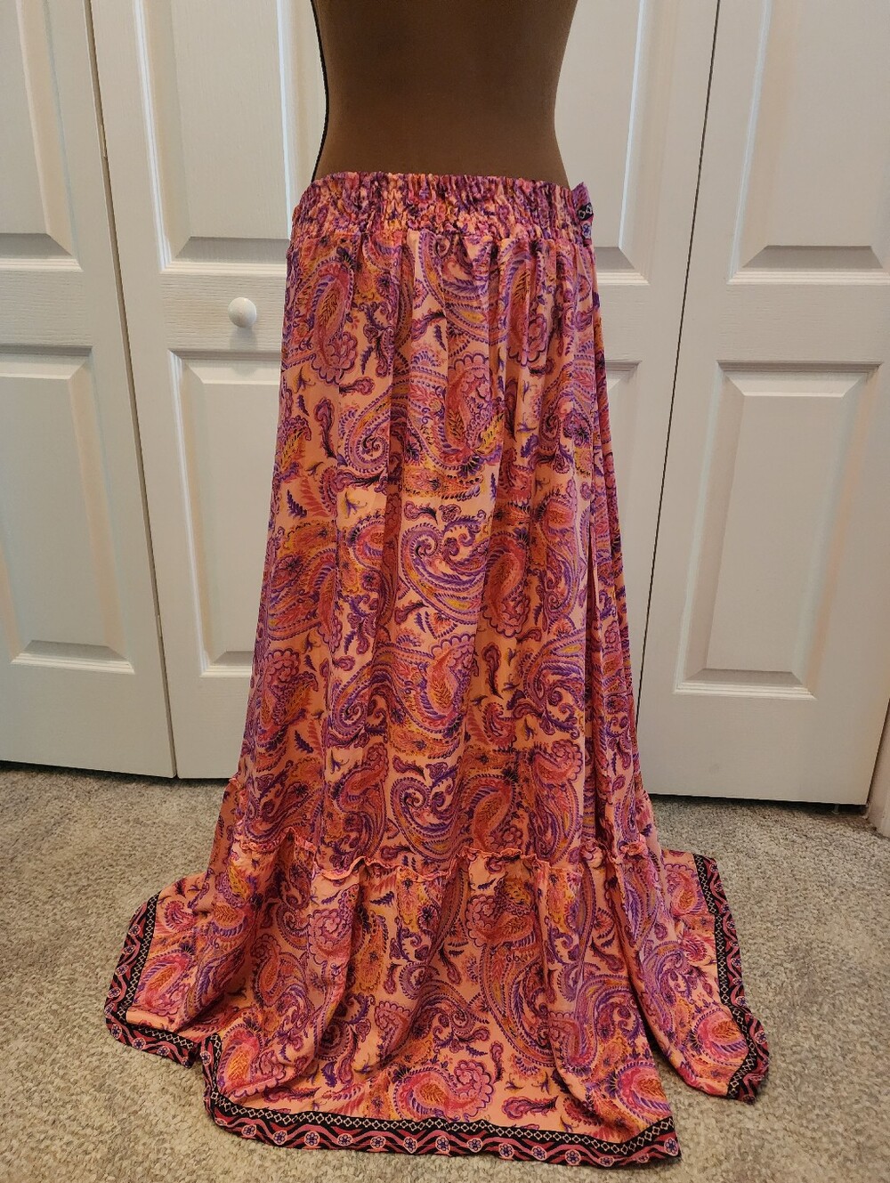 Vibrant Pink Paisley Boho Tiered Maxi Skirt Front Button Slit Smocked Waistband - Picture 7 of 13
